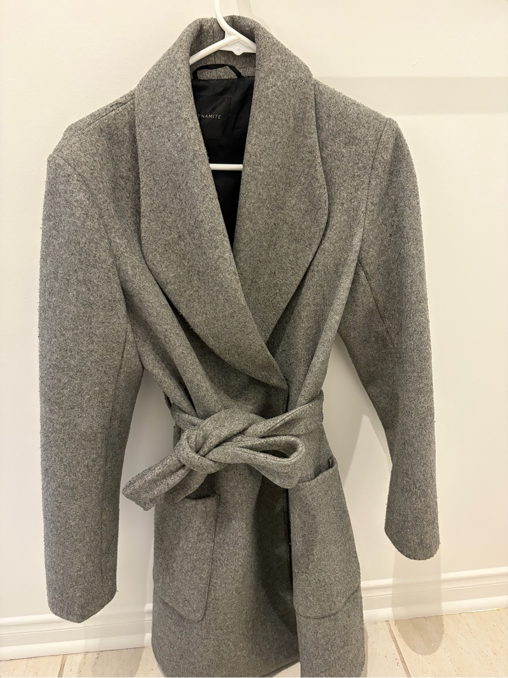 Dynamite Gray Shawl-Collar Belted Wool-Blend Coat